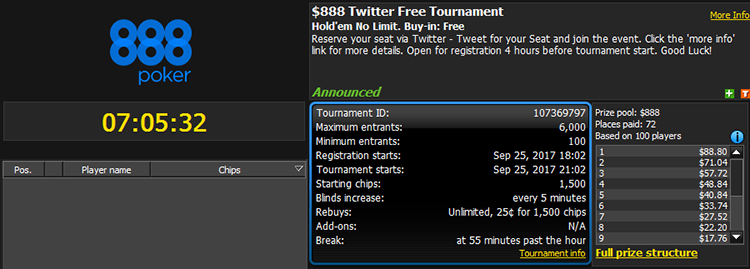 Фрироллы 888Poker для подписчиков социальных сетей