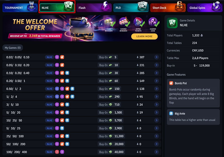 Вкладка NLHE в клиенте AKs Poker